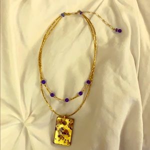 Gold and royal blue art glass,metal bead necklace
